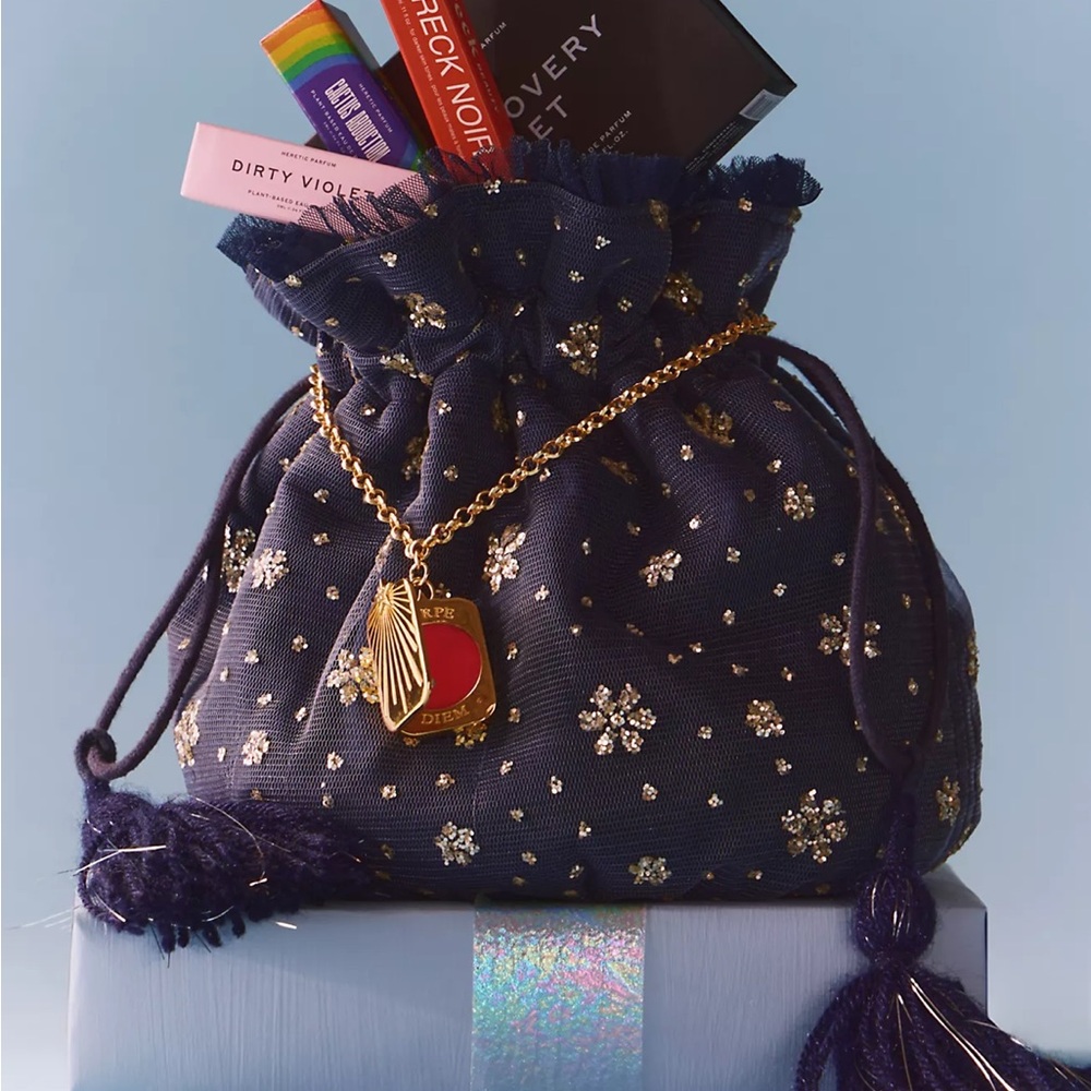 Free People Seasons Sparkle Mini Gift Sack Embroidered Pouch Bag Blue NWT NEW - Picture 11 of 12